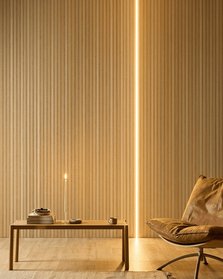 Minimalistisk rum med WoodUpp Akupanel akustiske træpaneler, et stearinlys, bøger, en læderstol og en varm beige Lumi LED-lysbånd på 240 cm som accent.